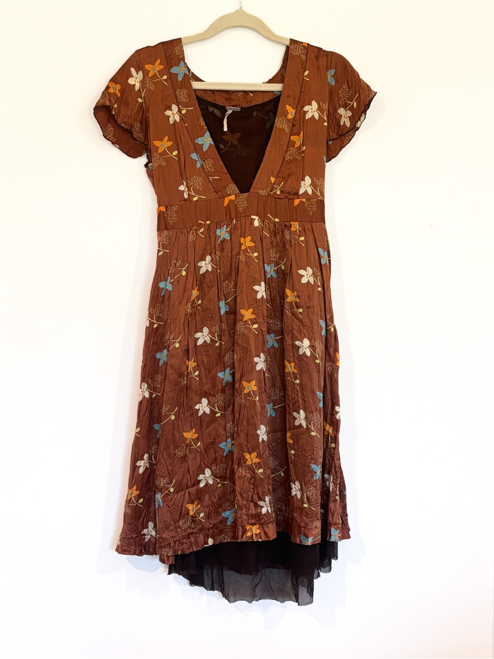 Free People 100% Silk Copper Floral Crinkle Babydoll Mini Dress Size 6